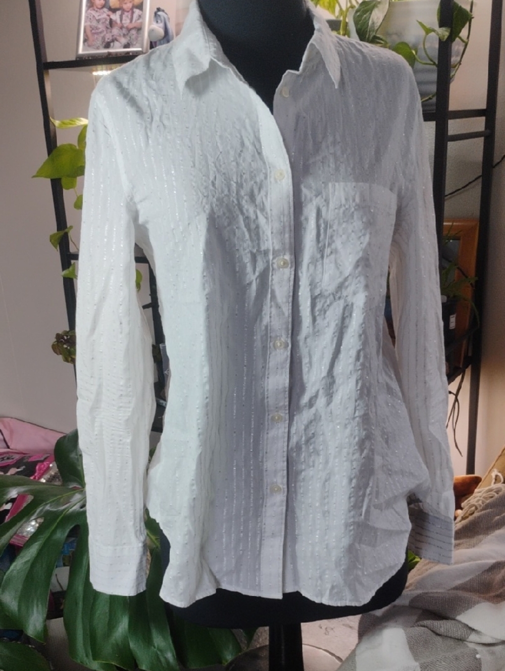 GAP White Button-Down Shirt with Subtle Stripe Texture